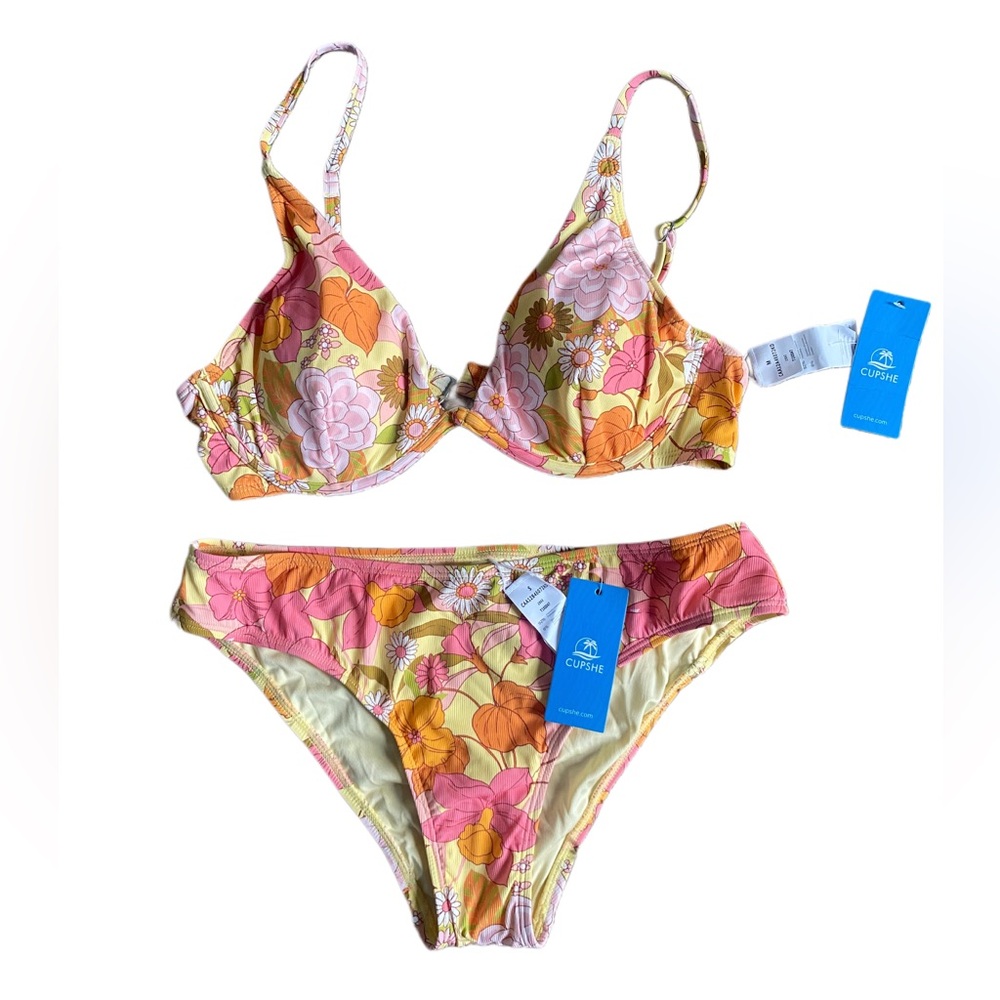 Cupshe Vibrant Floral Bikini - Pink, Orange, and Yellow